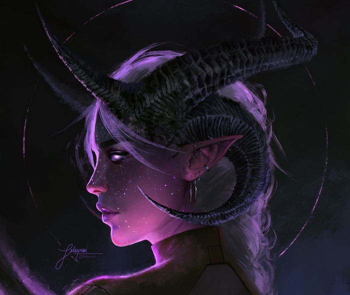 Fantasy Demon Woman with Horns and White Hair