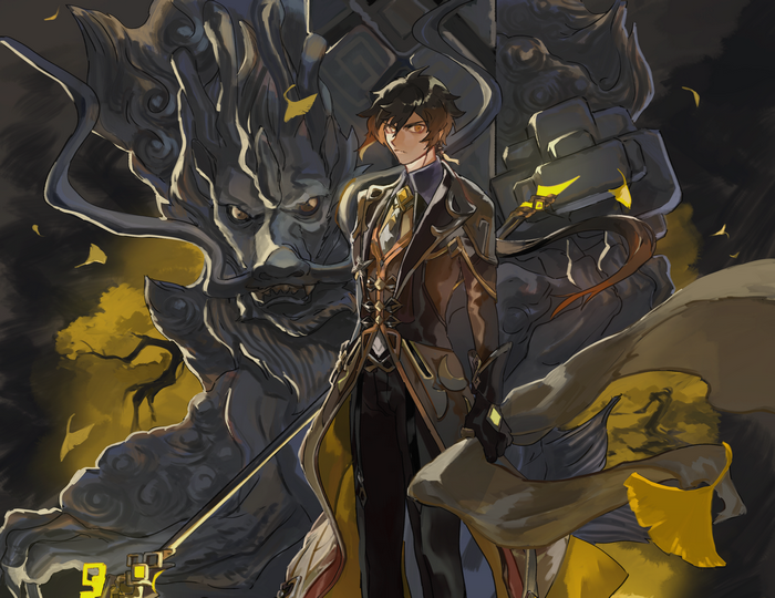 Zhongli from Genshin Impact with a stone dragon statue