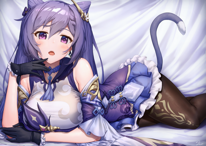 Keqing from Genshin Impact lying on a bed