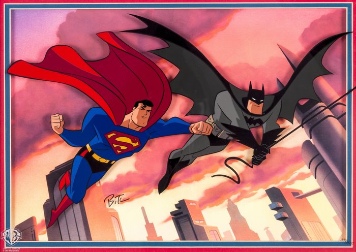 Superman and Batman flying over a city at sunset