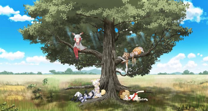 Kemono Friends characters resting under a tree