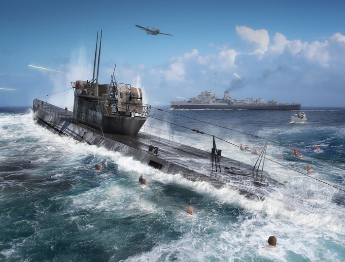 Submarine under attack by aircraft and warship