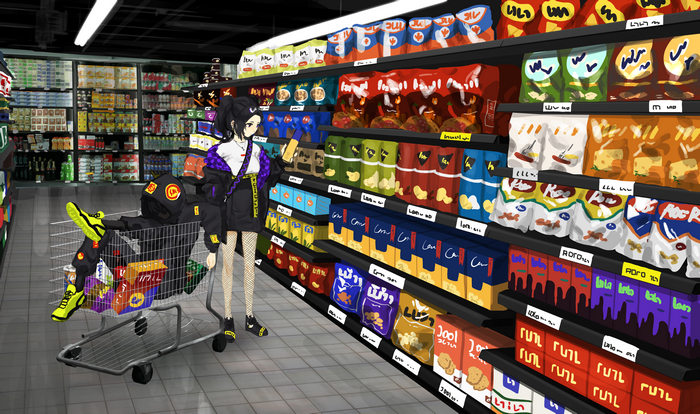 Girl in a supermarket aisle with snacks