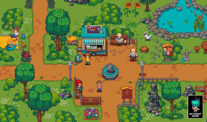 Park scene with people, fountain, and pond