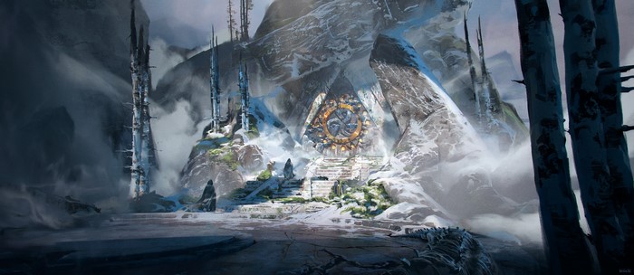 Fantasy Temple with Ancient Device in Snowy Mountains