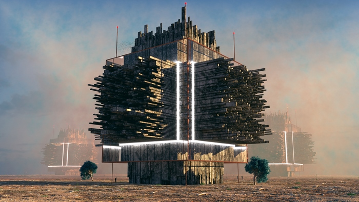 Futuristic structures in a dystopian landscape