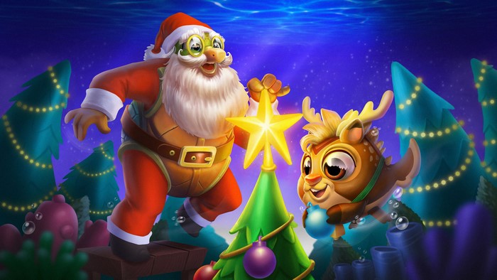Santa and Reindeer Decorating Christmas Tree Underwater