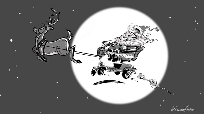 Santa Claus riding a mobility scooter pulled by a reindeer