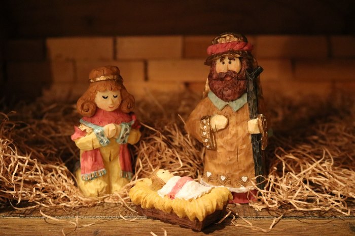 Nativity scene with Mary, Joseph, and baby Jesus