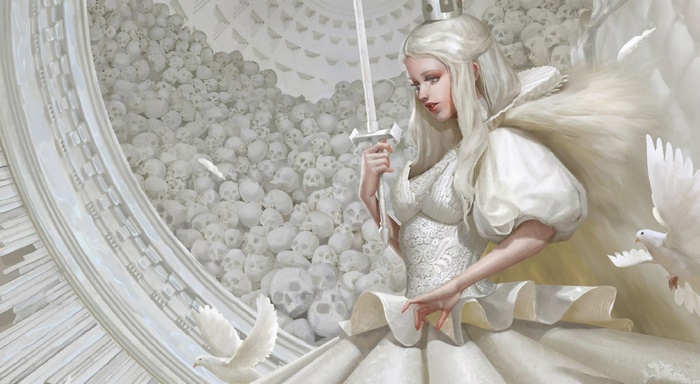 Woman in white dress with sword and doves