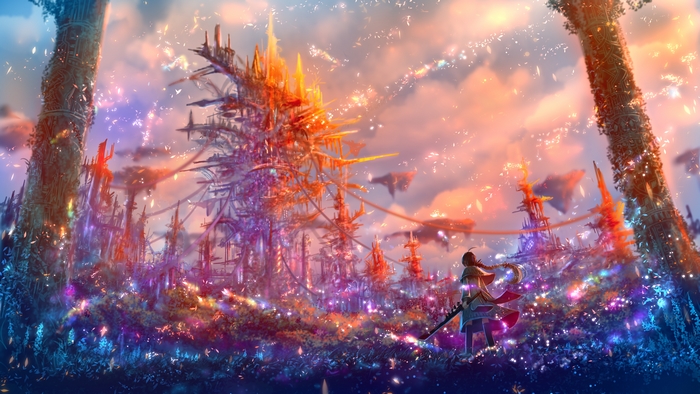 Fantasy cityscape with a lone figure