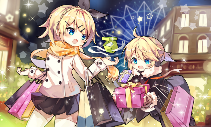 Rin and Len Kagamine from Vocaloid shopping with gifts