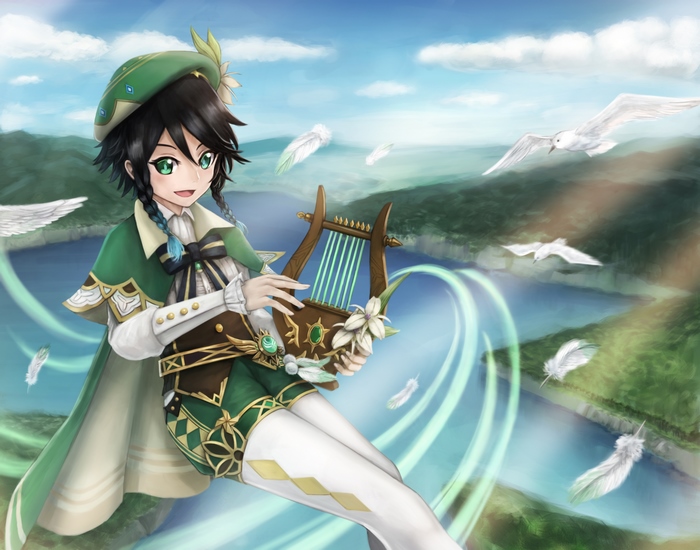 Venti from Genshin Impact playing a lyre