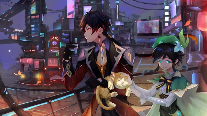 Zhongli and Venti from Genshin Impact with a cat
