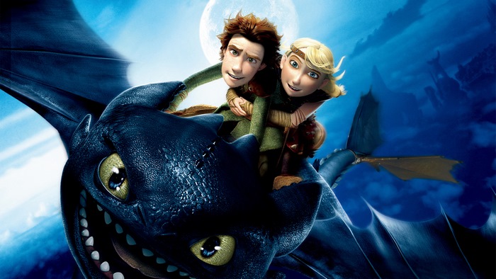 Hiccup and Astrid riding Toothless from How to Train Your Dragon