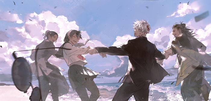 Riko Amanai, Suguru Geto, Satoru Gojo, and Misato Kuroi