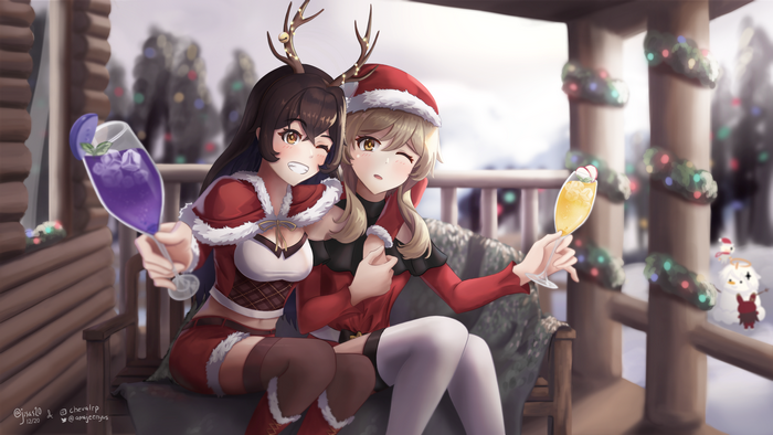 Amber and Lumine from Genshin Impact celebrating Christmas