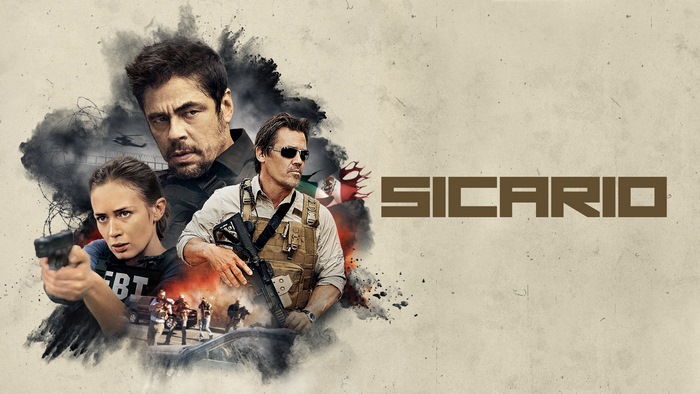 Sicario movie poster with Emily Blunt, Benicio del Toro, Josh Brolin