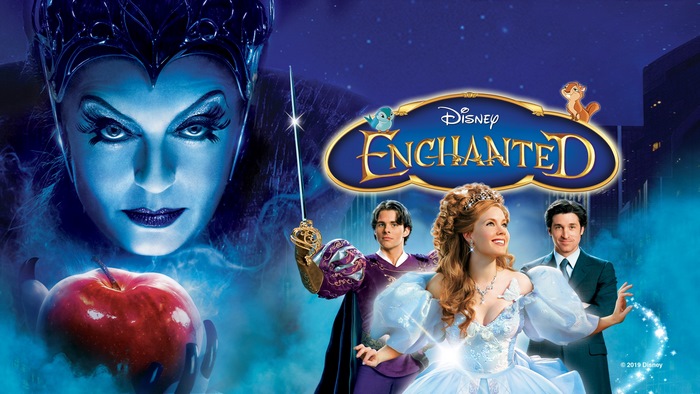 Enchanted movie poster with Evil Queen, Prince, and Giselle