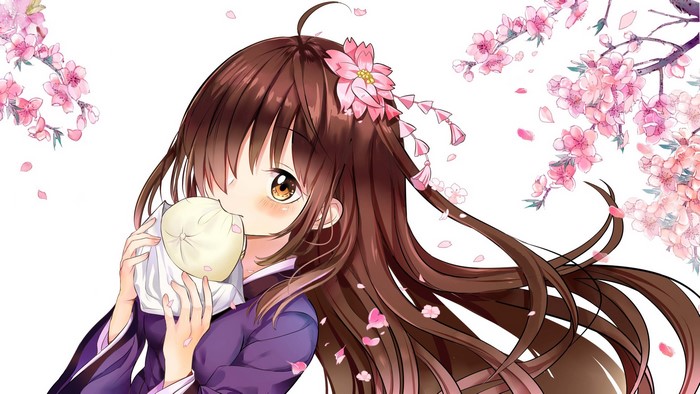 Anime girl with brown hair eating a bun