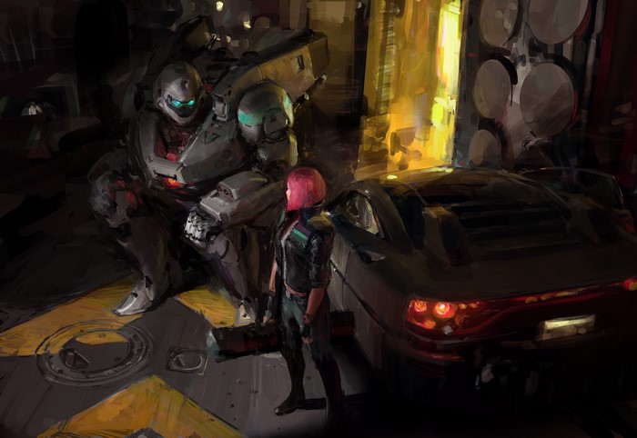 Sci Fi Robot and Person with Car 4K