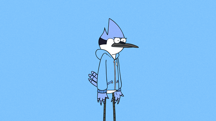 Mordecai from Regular Show wearing a hoodie