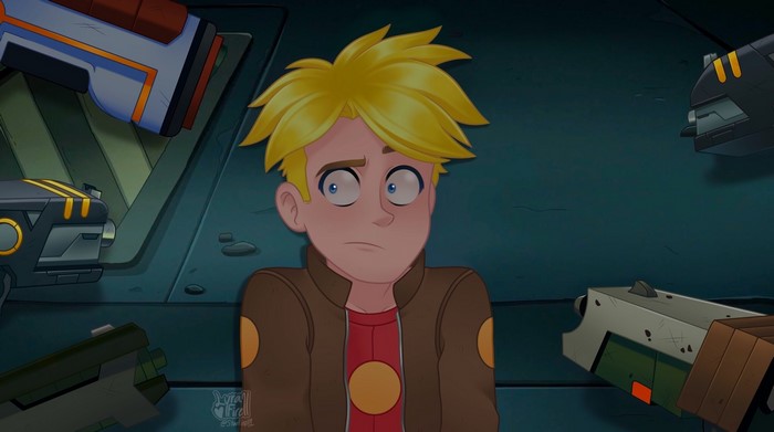 Gary Goodspeed from Final Space surrounded by weapons