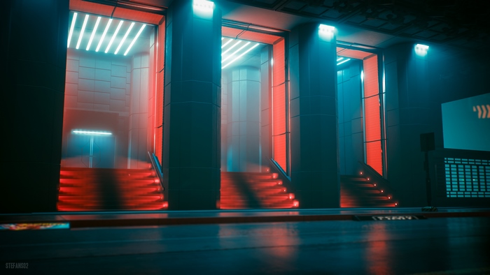 Cyberpunk 2077 entrance with neon lights