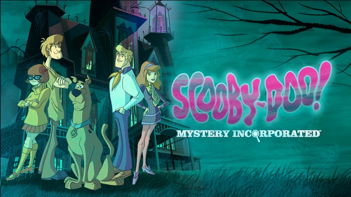 Scooby-Doo! Mystery Incorporated characters in front of haunted house