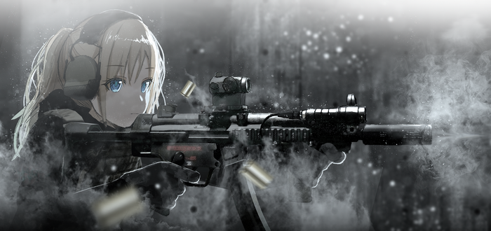 Anime girl with headphones firing a submachine gun