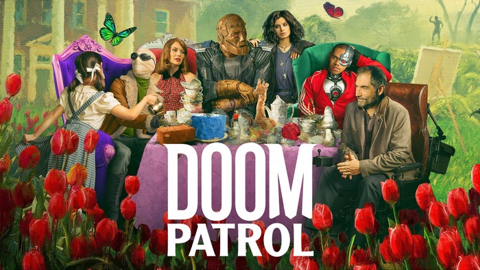 Doom Patrol characters at a tea party