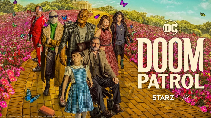 Doom Patrol characters in a field of flowers