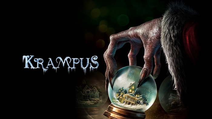 Krampus movie poster with snow globes