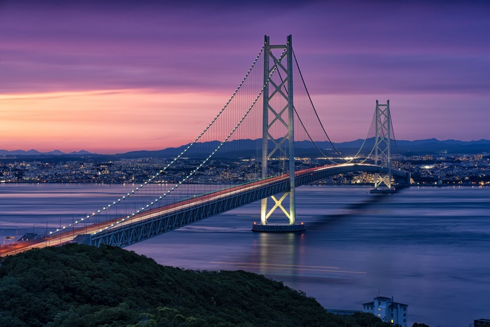 Akashi-Kaikyo Bridge in Japan at Dusk