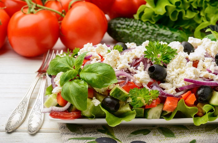 Greek salad with feta cheese and tomatoes 4K