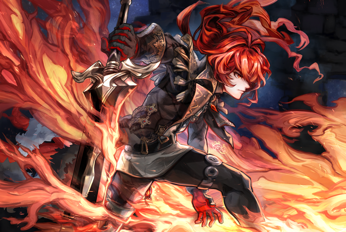 Diluc from Genshin Impact with a fiery sword