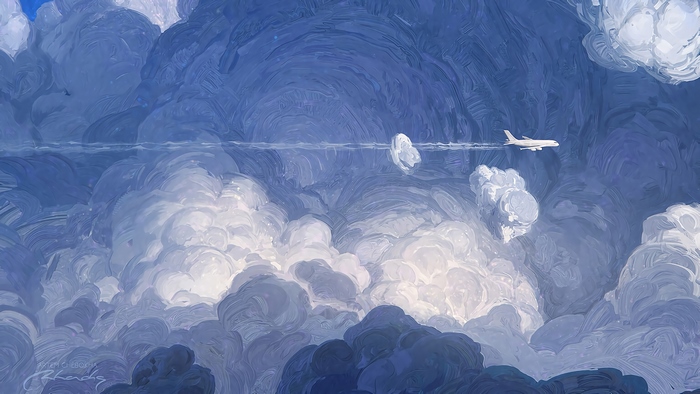 Airplane flying through clouds