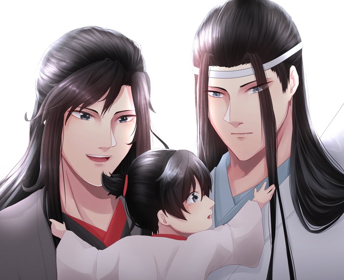 Wei Ying and Lan Wangji with a child from Mo Dao Zu Shi