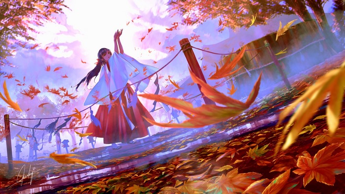 Girl in Yukata dancing in autumn leaves