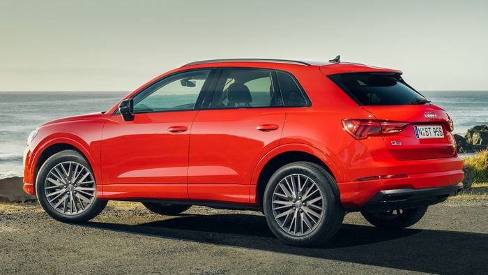 Red 2019 Audi Q3 35 TFSI SUV parked by the ocean