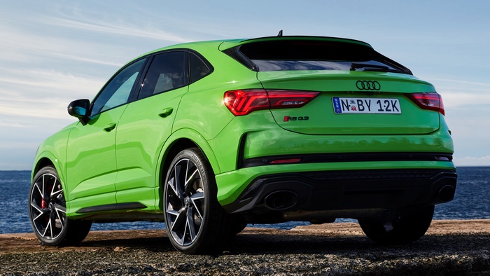 Green Audi RS Q3 Sportback parked by the sea