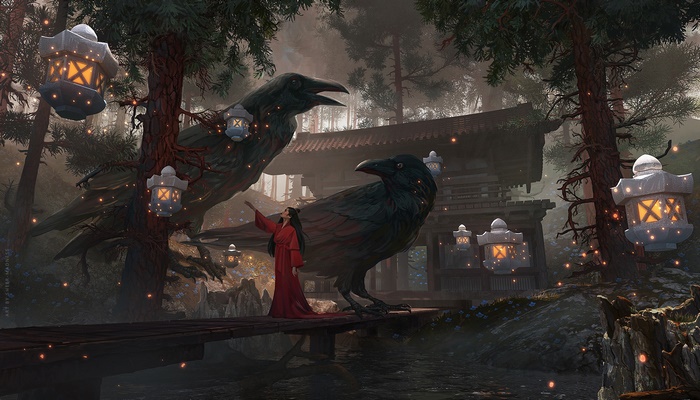 Woman and giant crows in a mystical forest with lanterns
