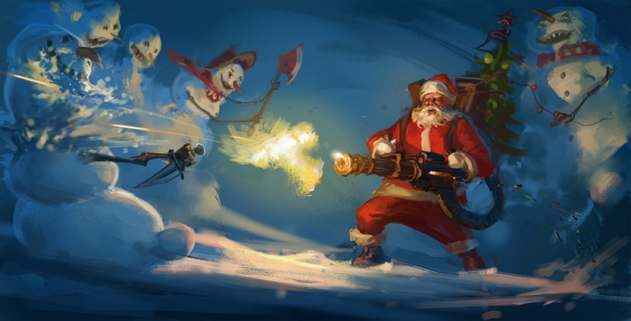 Santa Claus fighting snowmen with a minigun