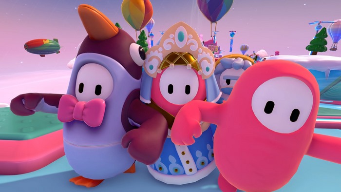 Fall Guys characters in a winter-themed game show