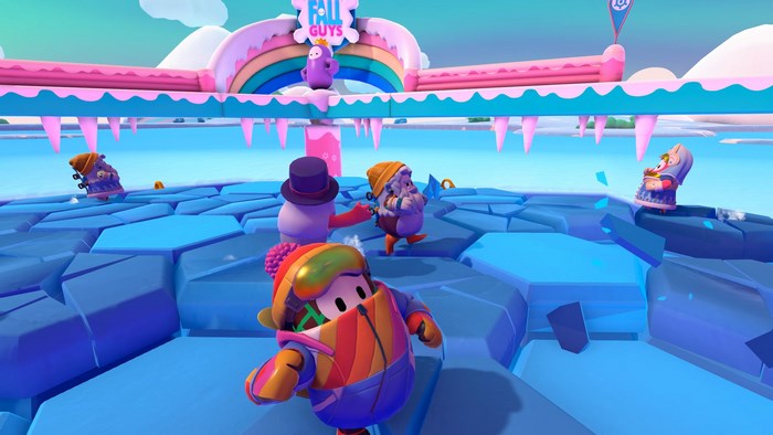 Fall Guys characters on an icy obstacle course