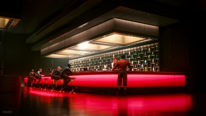 Cyberpunk 2077 bar interior with patrons