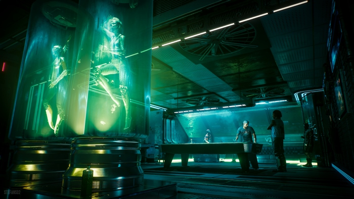Cyberpunk 2077: Figures in Cryo Pods and People by Pool Table
