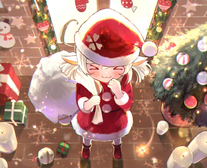 Klee from Genshin Impact in Santa outfit with gifts