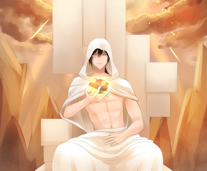 Zhongli from Genshin Impact holding a glowing cube