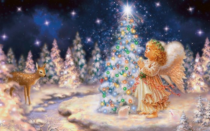 Angel and deer in a snowy forest with Christmas tree